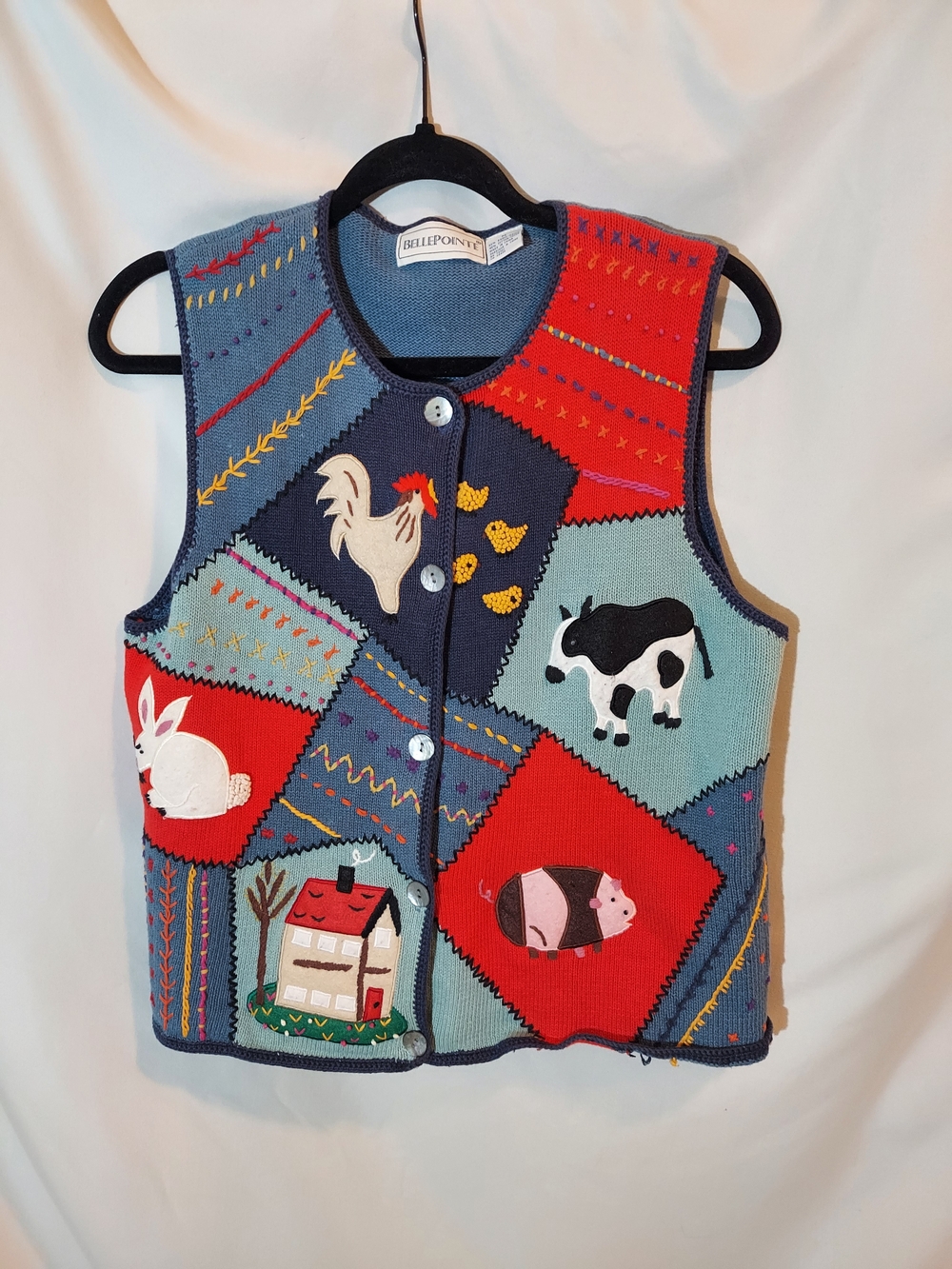 BellePointe Vintage Farm Patchwork Cotton Blend Grandmacore Sweater Vest